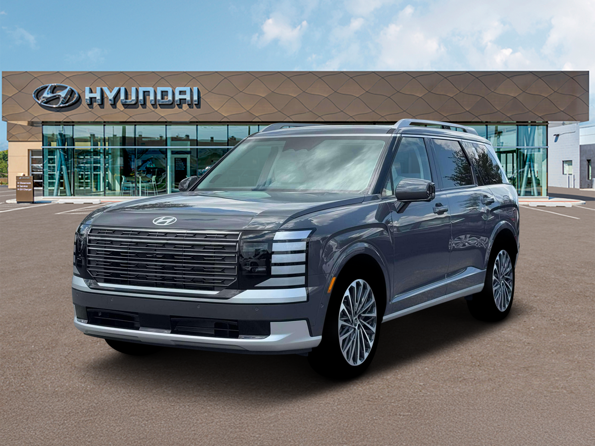 2026 Hyundai PALISADE Calligraphy in Ecotronic Gray Pearl — front three-quarter view